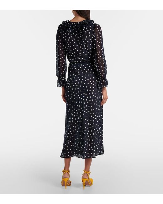 Rixo Blue Ardith Polka-Dot Silk Midi Skirt