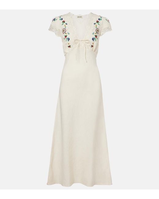 Rixo White Amari Embroidered Linen-Blend Midi Dress