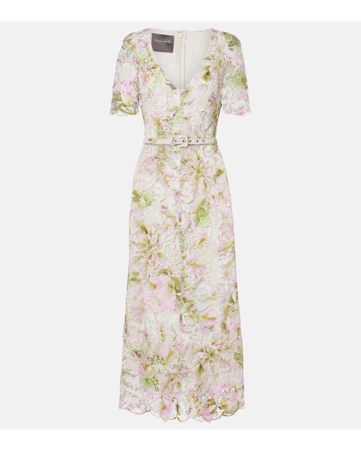 Monique Lhuillier White Belted Lace Midi Dress