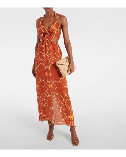 Johanna Ortiz Orange Printed Cutout Linen Maxi Dress