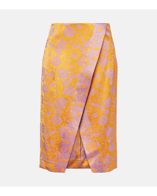 Dries Van Noten Orange Floral Satin Jacquard Midi Skirt
