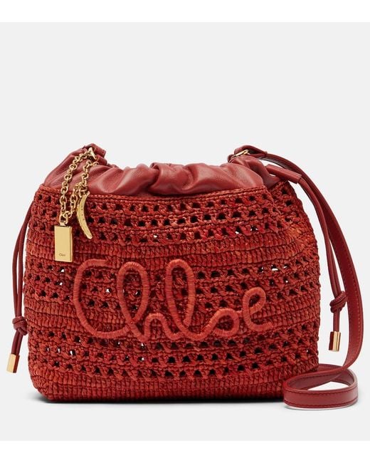 Chloé Red Summer Banana Mini Raffia Shoulder Bag