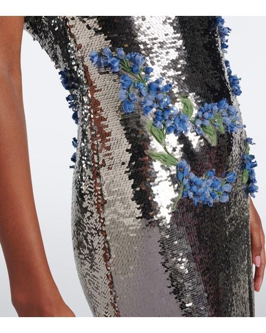 Monique Lhuillier Metallic Floral-Applique Sequined Bustier Gown