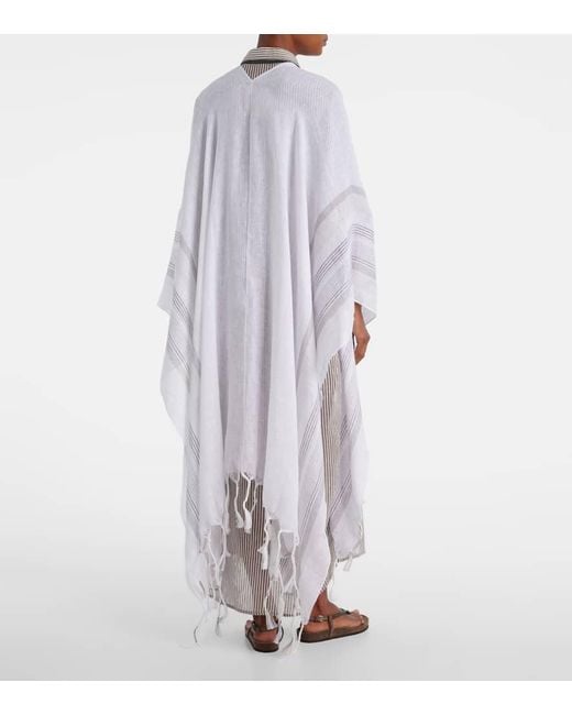 Brunello Cucinelli White Fringed Linen Poncho