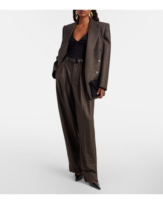 Saint Laurent Black Herringbone Wool Wide-Leg Pants