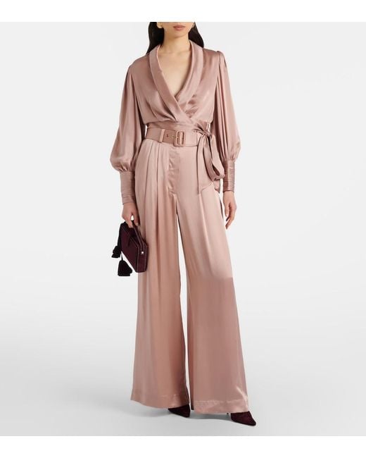 Zimmermann Pink Belted Pleated Silk Satin Wide-Leg Pants