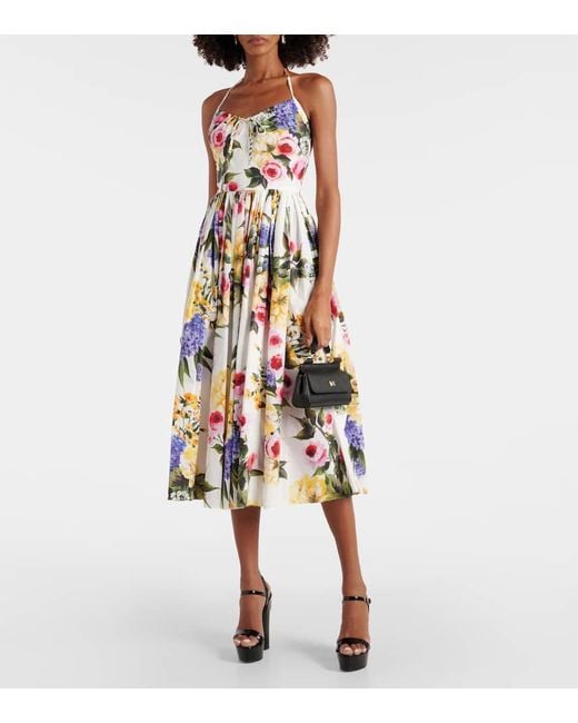 Robe Midi Dos Nu En Popeline De Coton À Imprimé Fleuri Et À Fronces Dolce & Gabbana en coloris White