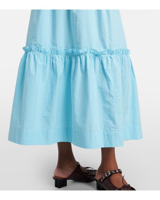 Ganni Blue Embroidered Gingham Cotton Poplin Maxi Skirt