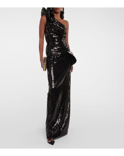 Nina Ricci Black Sequined One-shoulder Gown