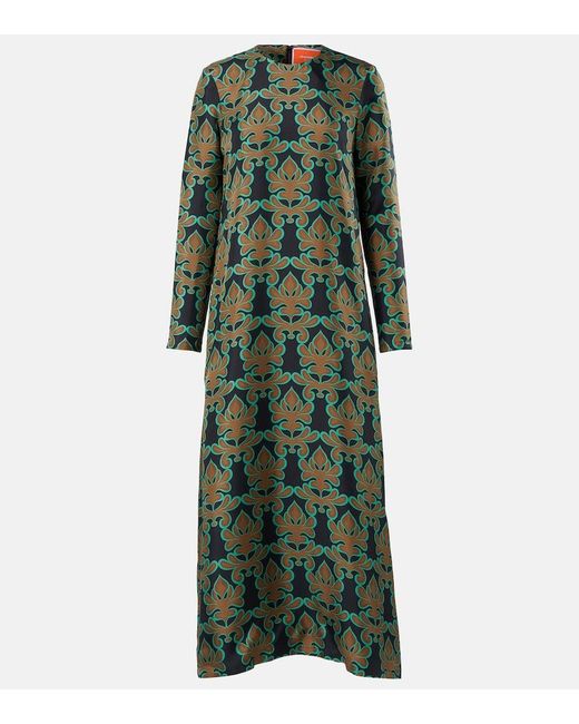 LaDoubleJ Green Bedrucktes Midikleid Swing Aus Seiden-Twill