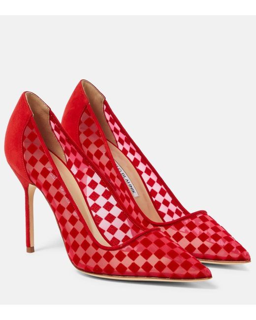 Manolo Blahnik Red Bbla 105 Checked Leather-trimmed Pumps