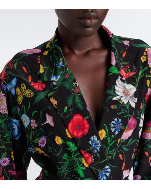 Gucci Blue Flora Belted Silk Crepe De Chine Shirt