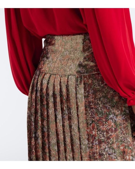 Valentino Brown Floral Pleated Silk-Blend Lame Midi Skirt
