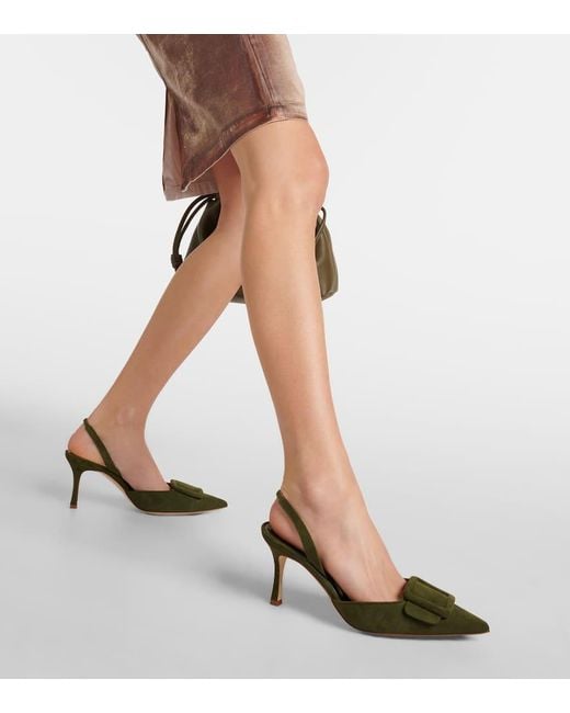 Manolo Blahnik Green Maysli Suede Slingback Pumps