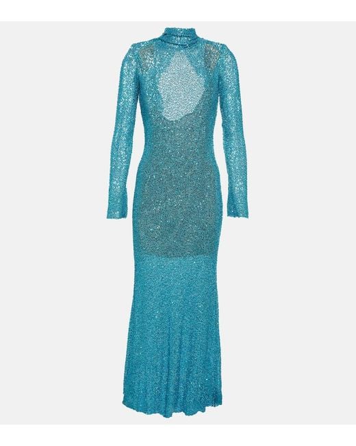Self-Portrait Blue Beaded Knit Open-back Maxi Dress