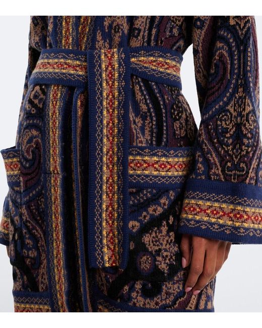 Etro Blue Jacquard Wool-Blend Wrap Cardigan