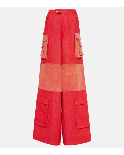 DIDU Red High-rise Wide-leg Cotton Pants