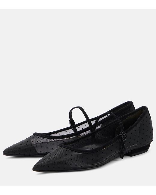 Tory Burch Black Suede-Trimmed Mesh Mary Jane Flats