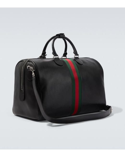 Gucci Black Web Trademark Medium Leather Duffel Bag for men