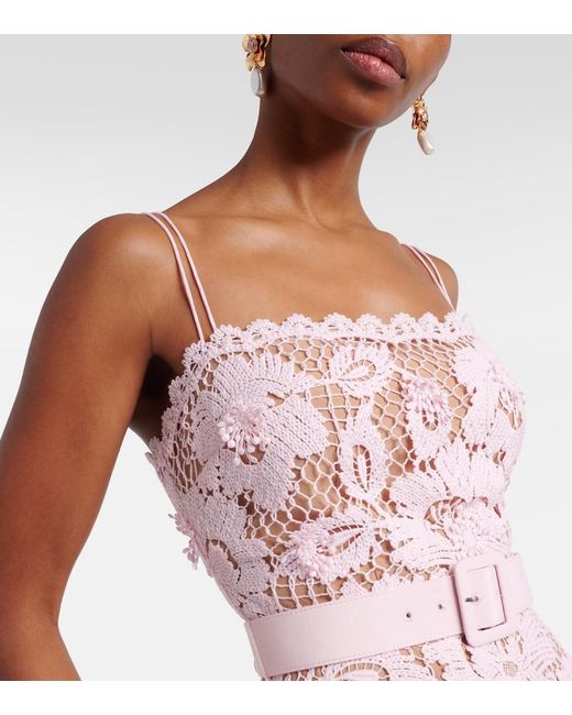 Vestido Midi De Croche Con Cinturon Self-Portrait de color Pink
