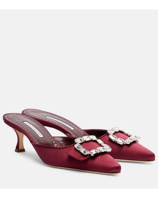 Manolo Blahnik Red Mules Mayjou 50 Aus Satin Mit Kristallen