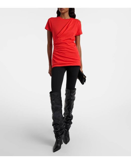 Camiseta De Jersey De Algodon Drapeado Balmain de color Red
