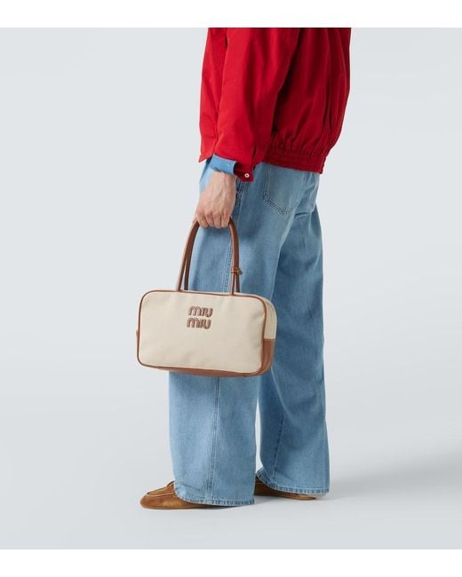 Miu Miu Natural Logo Leather-Trimmed Canvas Tote Bag for men