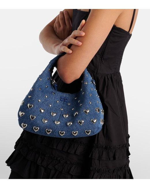 Ganni Blue Mini Studded Denim Top-Handle Bag