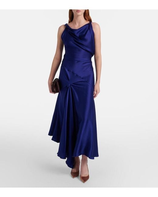Victoria Beckham Blue Draped Asymmetric Satin Midi Dress