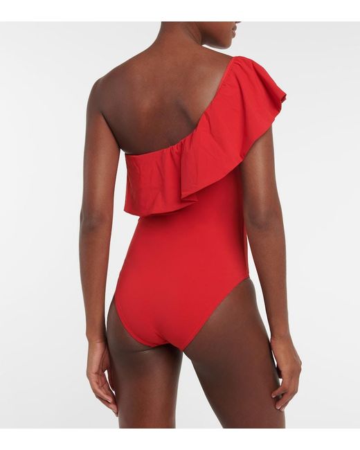 Karla Colletto Red Ruffle-Trimmed One-Shoulder Swimsuit