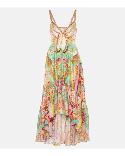 Camilla White Printed Ruffled Silk Midi Dress
