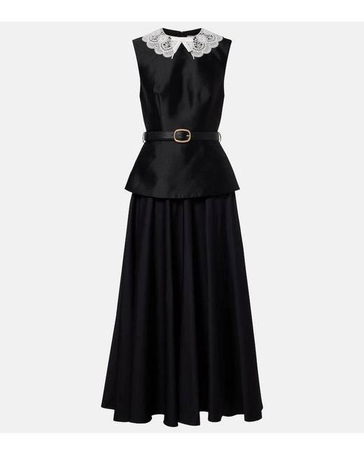 Self-Portrait Black Belted Peplum Taffeta Midi Dress