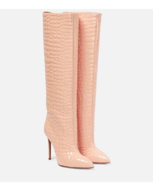 Paris Texas Pink 105 Croc-effect Leather Knee-high Boots