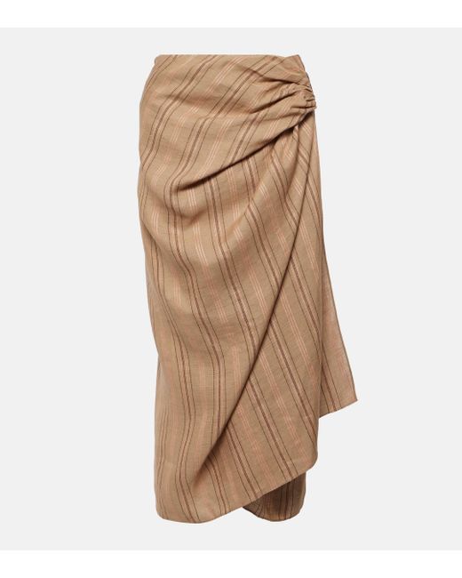 Loro Piana Natural Leather-trimmed Draped Linen Midi Skirt