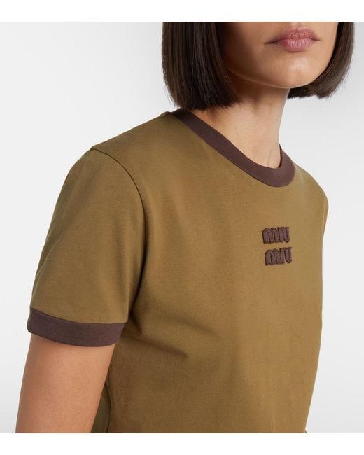 Miu Miu Green Logo Cotton Jersey T-Shirt