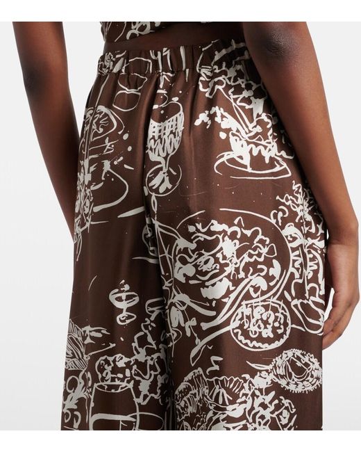 Asceno Brown Isola Printed Silk Twill Wide-Leg Pants