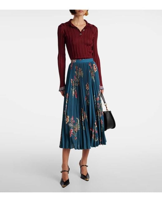 Etro Blue Plisse High-Rise Floral Midi Skirt
