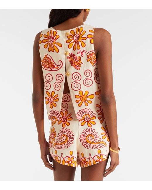 Cala De La Cruz Orange Avelino Printed Linen Top