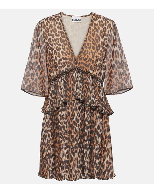 Ganni Brown Leopard-Print Georgette Minidress