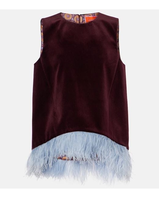 LaDoubleJ Red La Scala Feather-Trimmed Cotton Velvet Top
