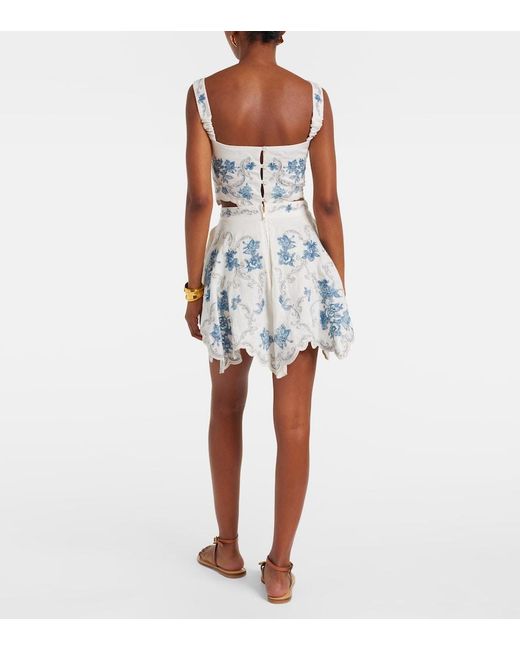 Agua Bendita Blue Retrato Embroidered Linen Miniskirt
