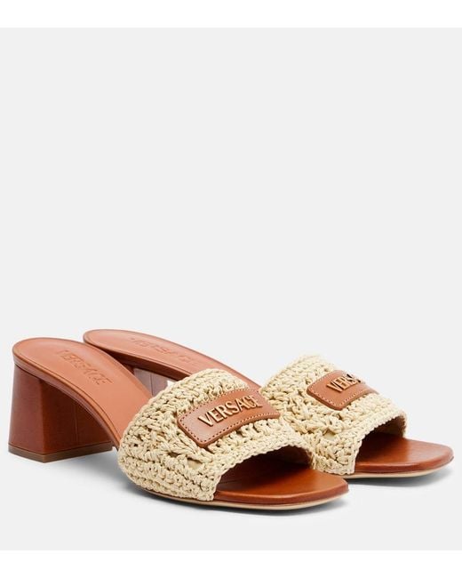 Versace Brown Logo Raffia And Leather Mules