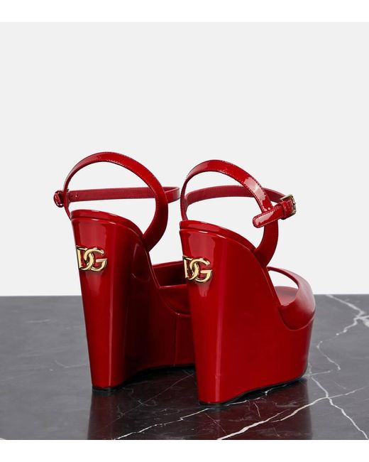 Dolce & Gabbana Red Logo Patent Platform Wedge Sandal