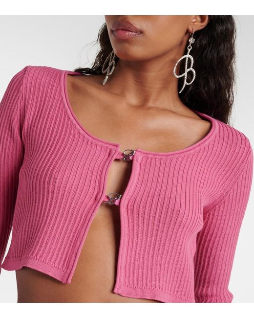 Blumarine Pink Logo Ribbed-Knit Cropped Cardigan