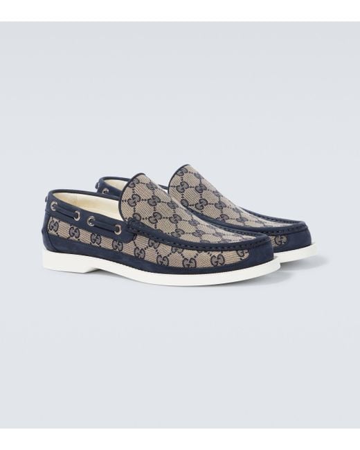 Gucci Blue GG Leather-trimmed Canvas Boat Shoes for men