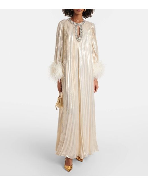 Self-Portrait Natural Feather-trimmed Silk-blend Maxi Dress