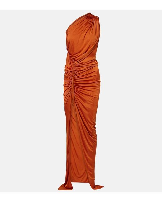 Rick Owens Orange Avra Ruched One-Shoulder Jersey Gown