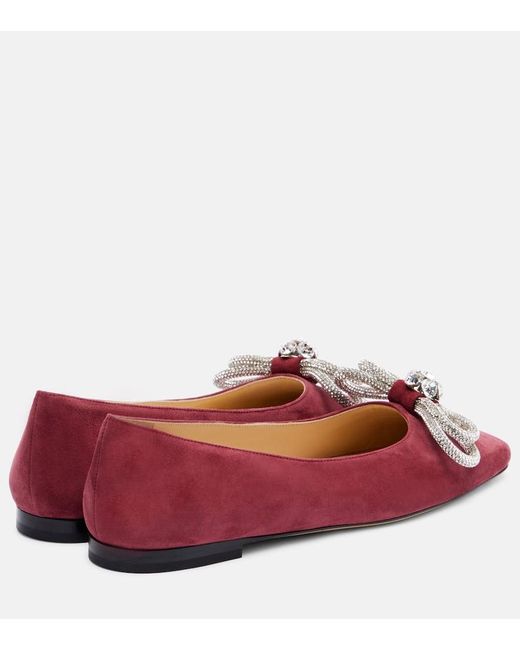 Mach & Mach Red Ballerinas Double Bow Aus Veloursleder Mit Kristallen