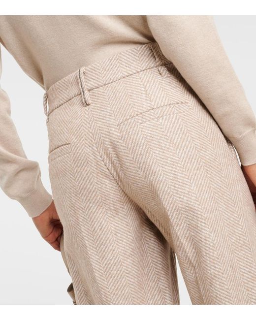 Brunello Cucinelli Natural Chevron Wool-Blend Flared Pants
