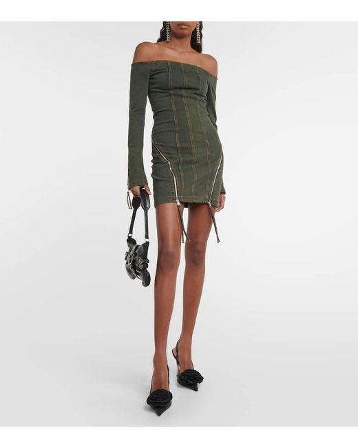 Blumarine Green Off-Shoulder Denim Minidress